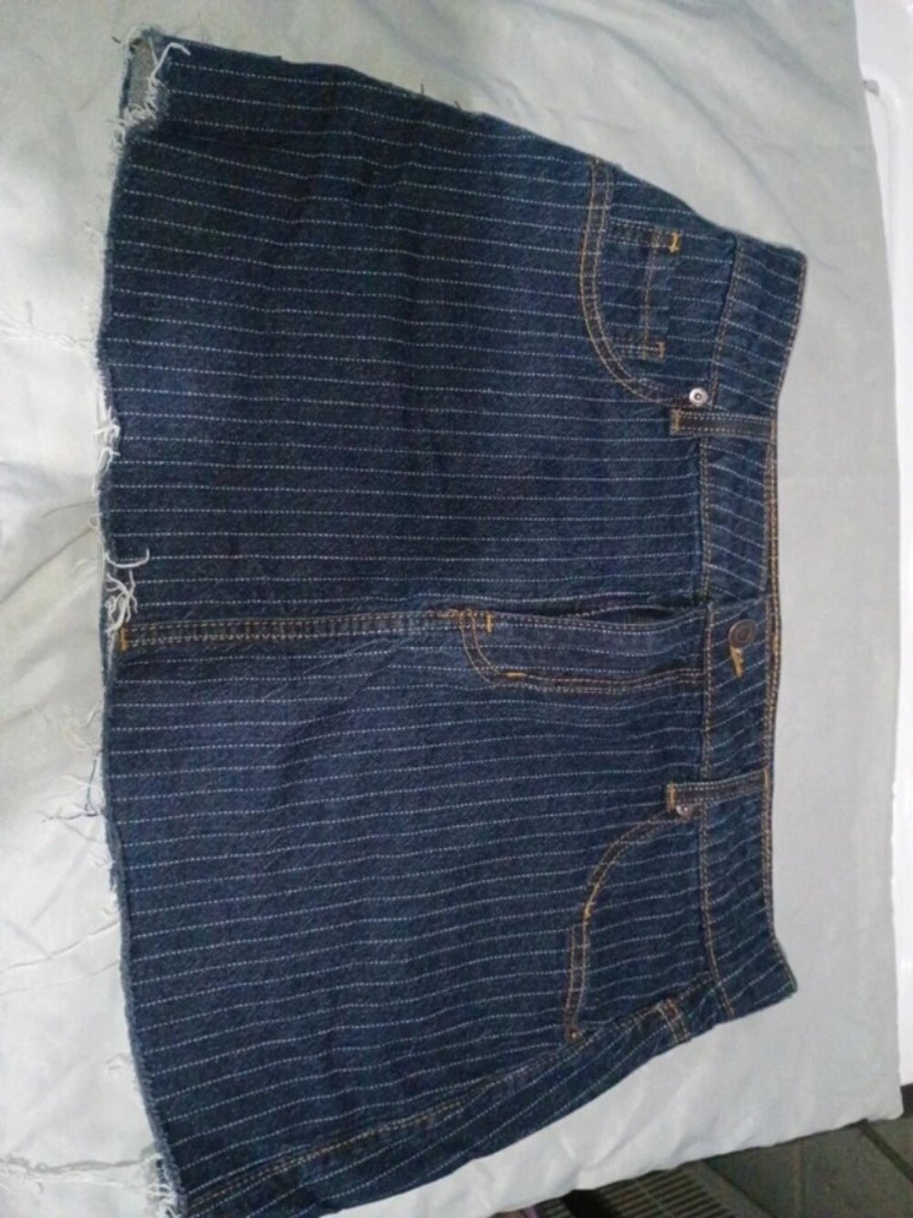 No Boundaries Pinstripe Denim Mini Skirt Dark Wash Raw Hem